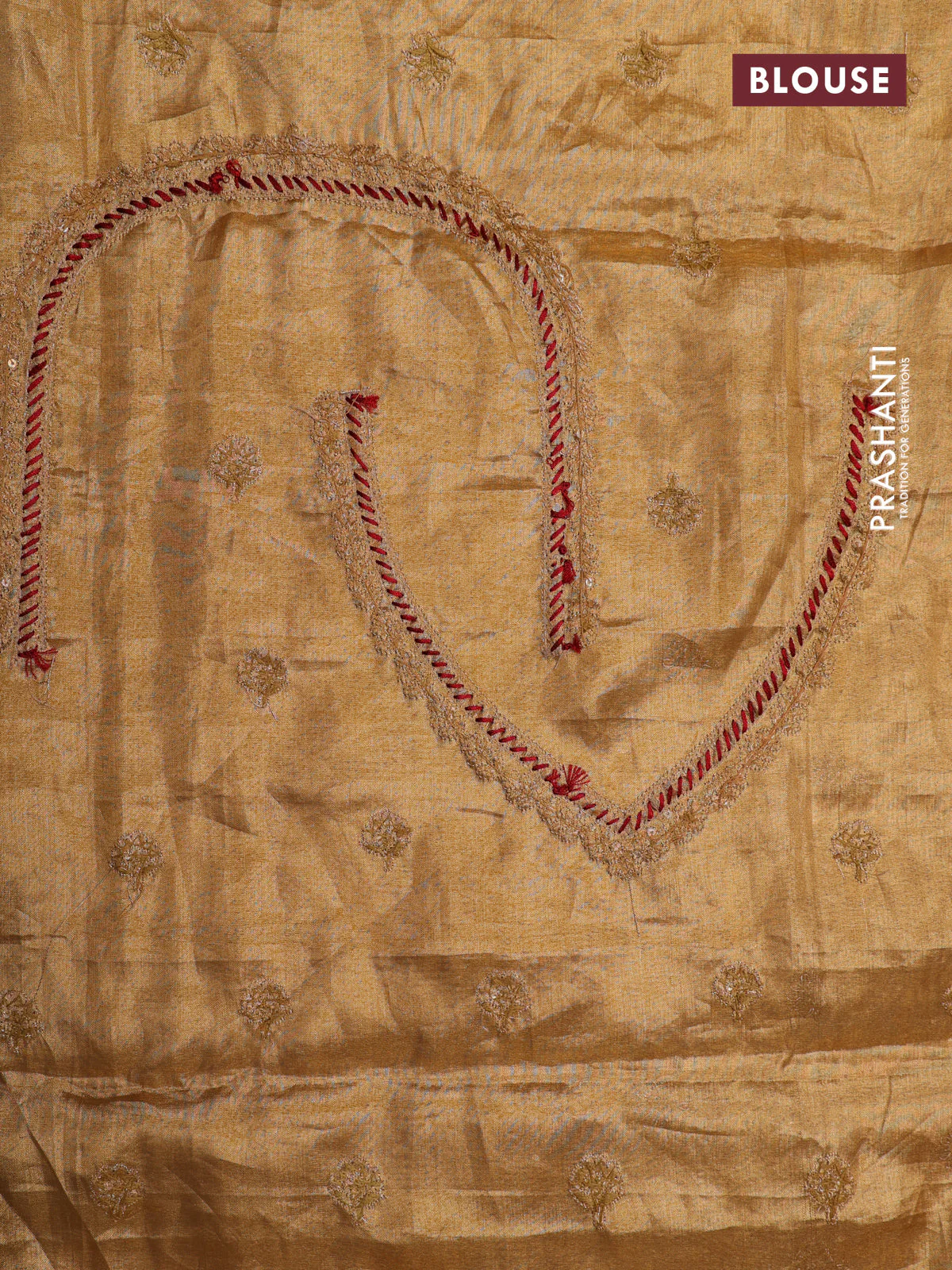 Golden tissue kanchipuram silk saree with allover brocade zari weaves & border embroidery - Image 11
