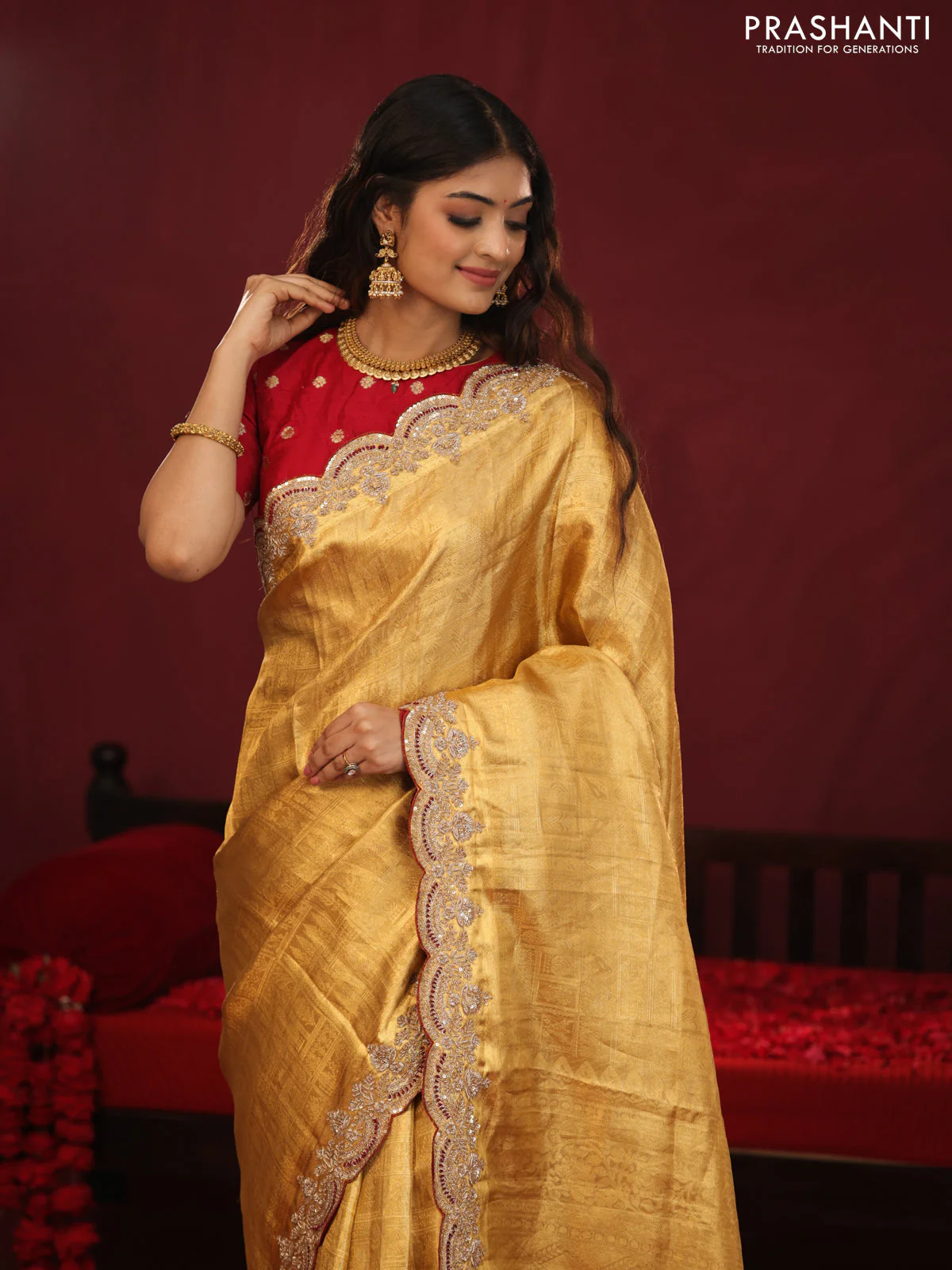 Golden tissue kanchipuram silk saree with allover brocade zari weaves & border embroidery - Image 2