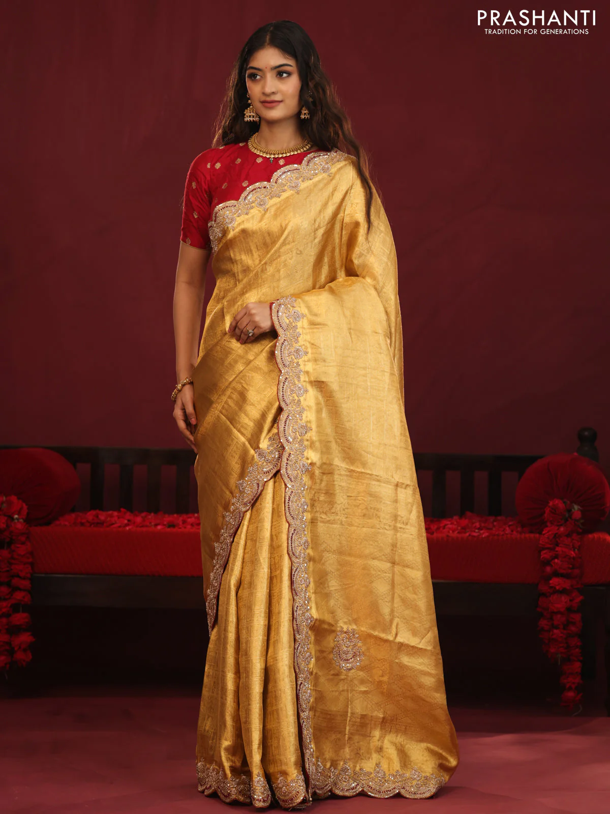 Golden tissue kanchipuram silk saree with allover brocade zari weaves & border embroidery - Image 3