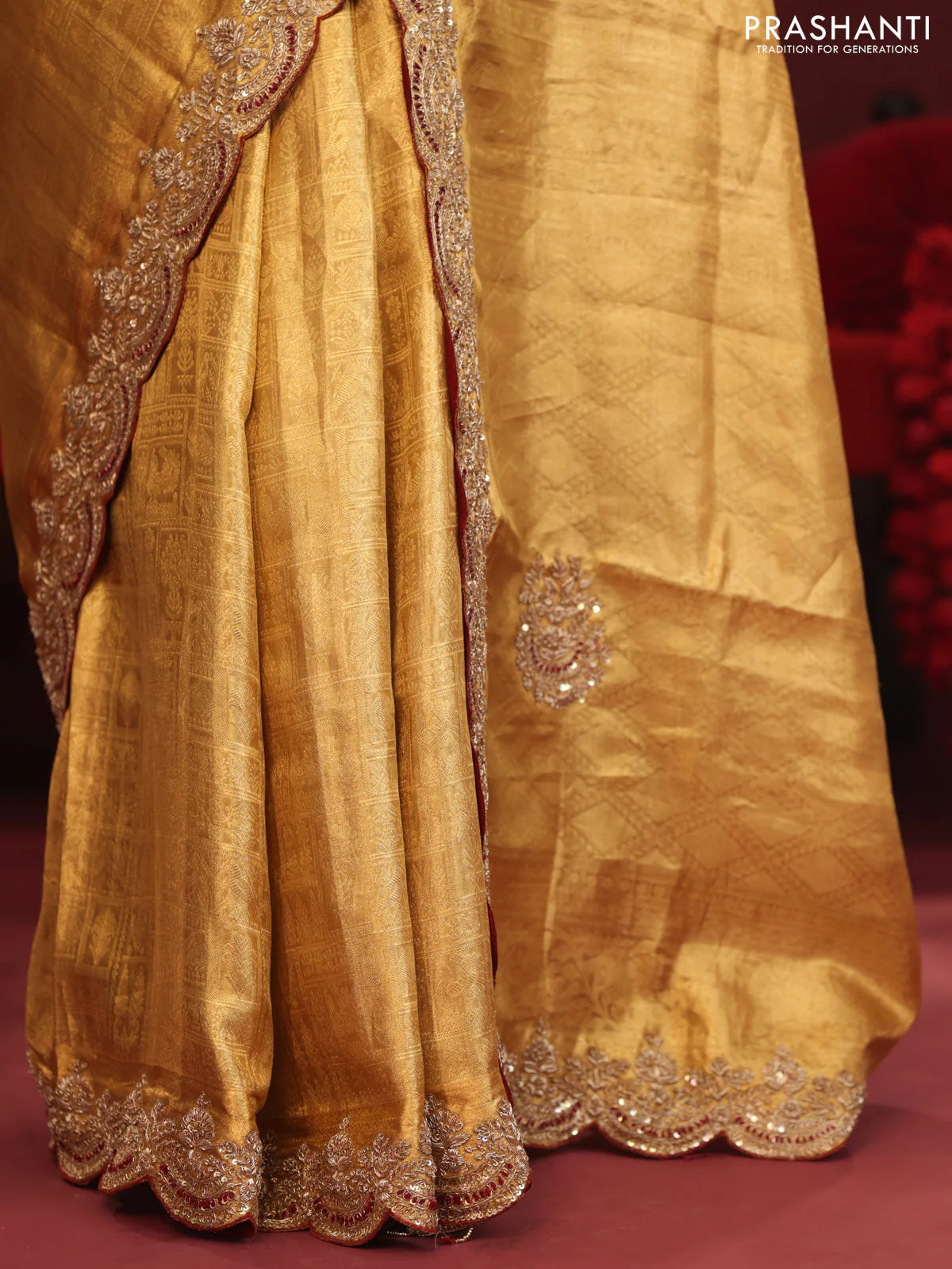 Golden tissue kanchipuram silk saree with allover brocade zari weaves & border embroidery - Image 4