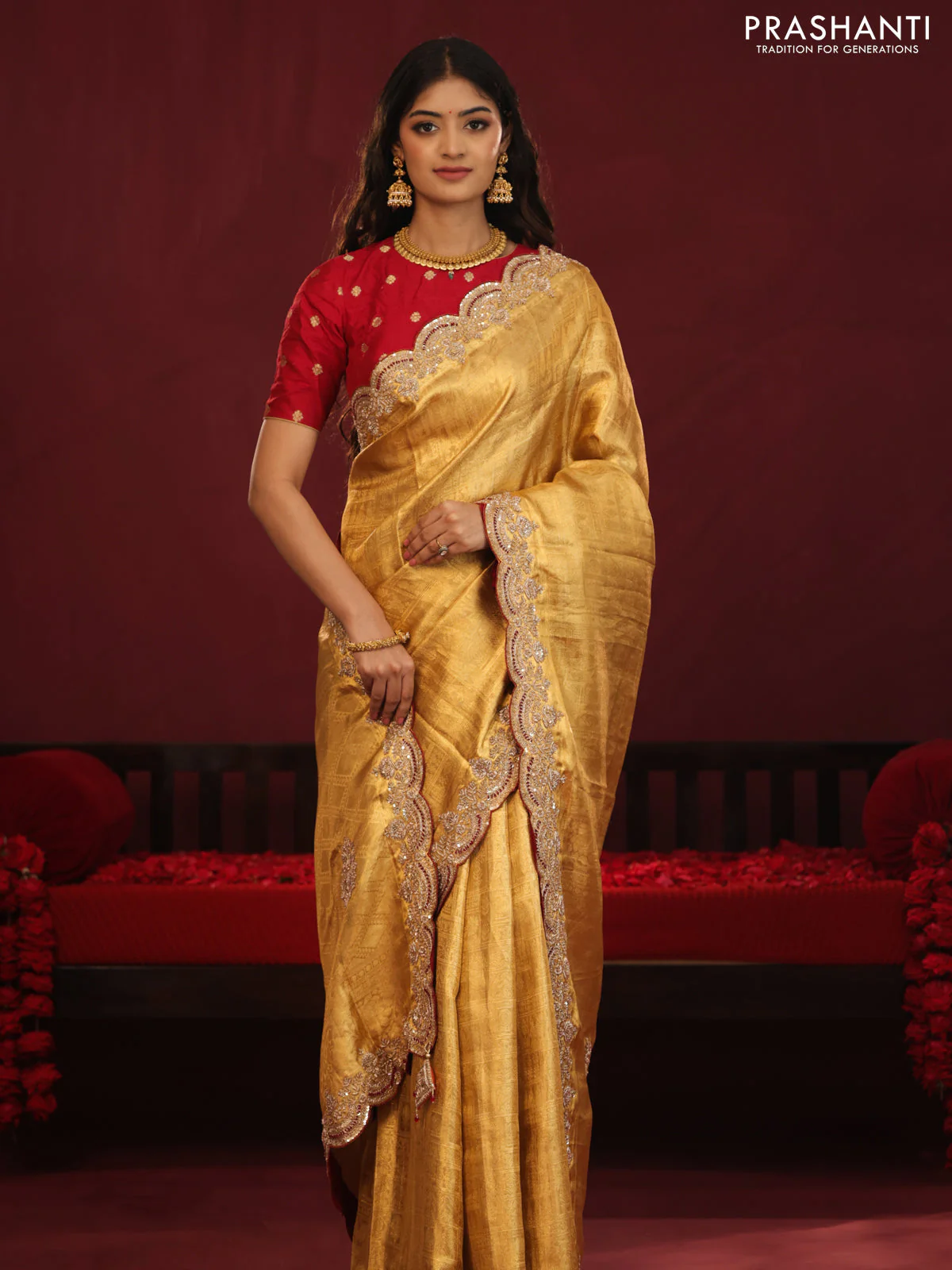 Golden tissue kanchipuram silk saree with allover brocade zari weaves & border embroidery - Image 6