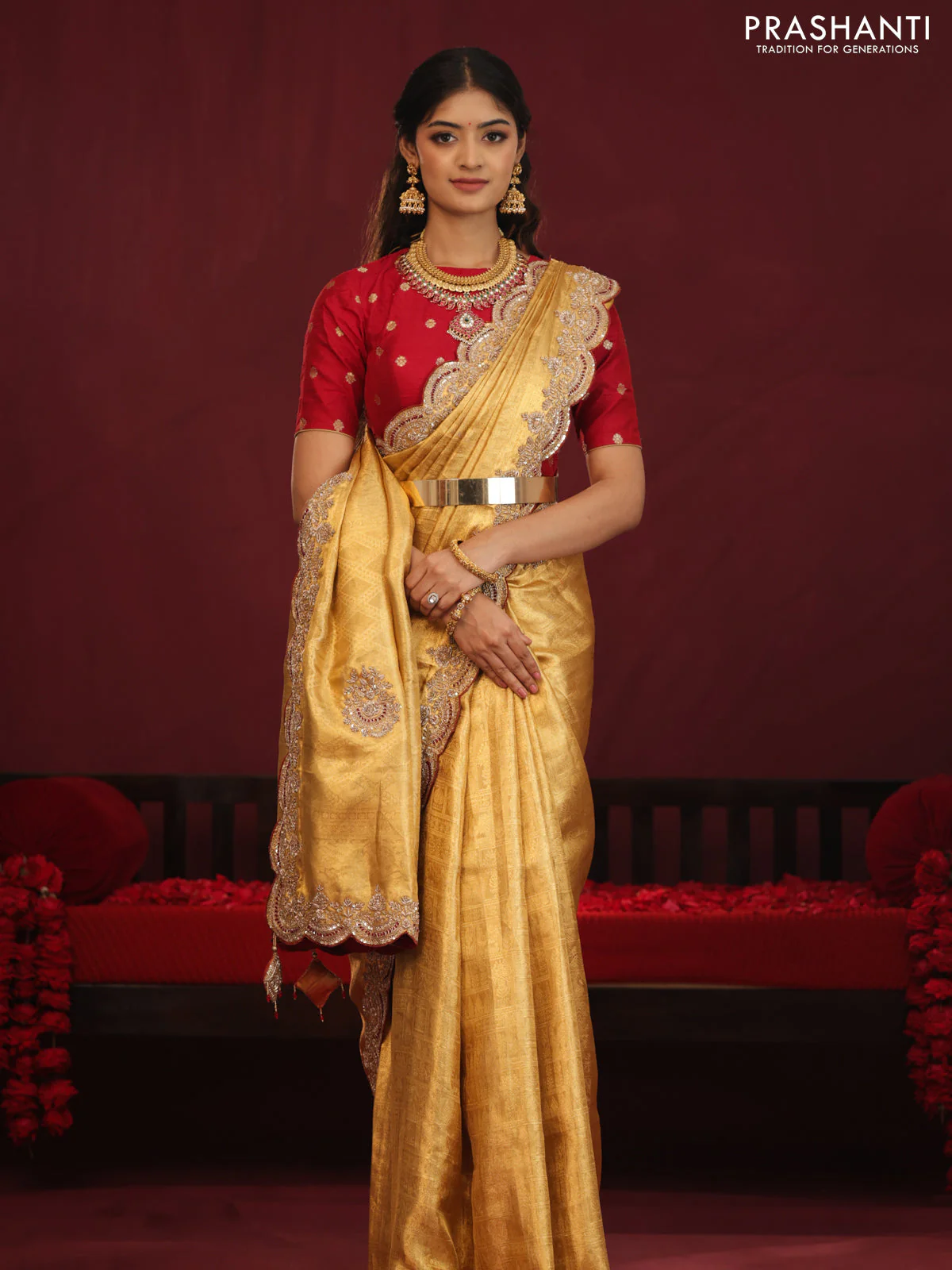 Golden tissue kanchipuram silk saree with allover brocade zari weaves & border embroidery - Image 8