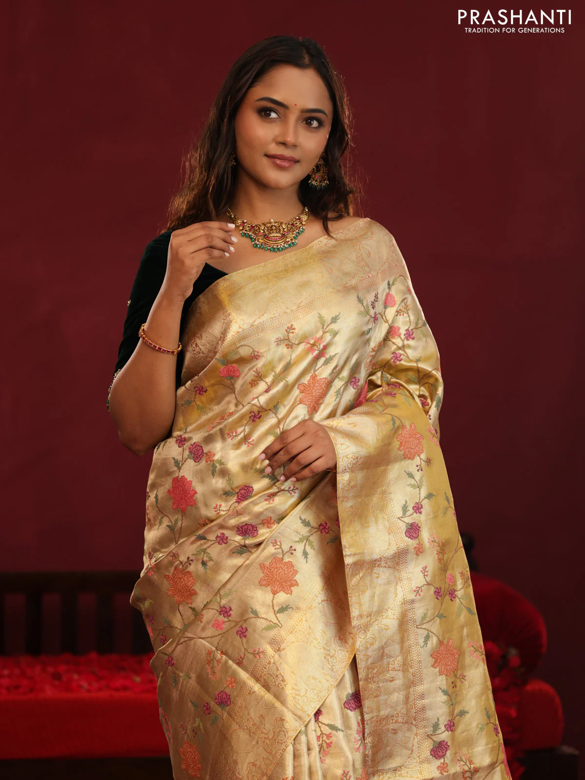 Golden Tissue Kanchipuram Silk Saree with allover embroidery - Image 2