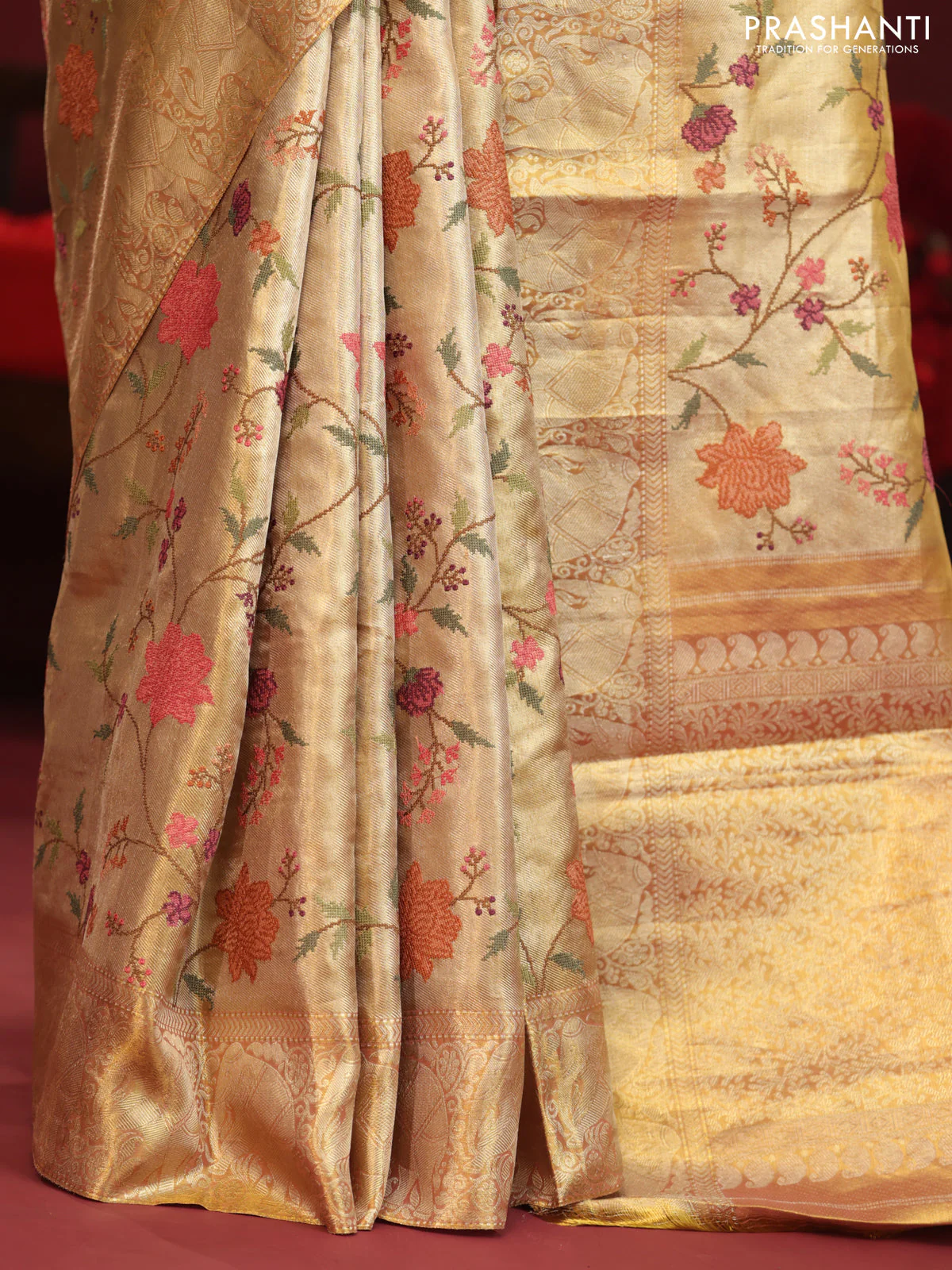 Golden Tissue Kanchipuram Silk Saree with allover embroidery - Image 3