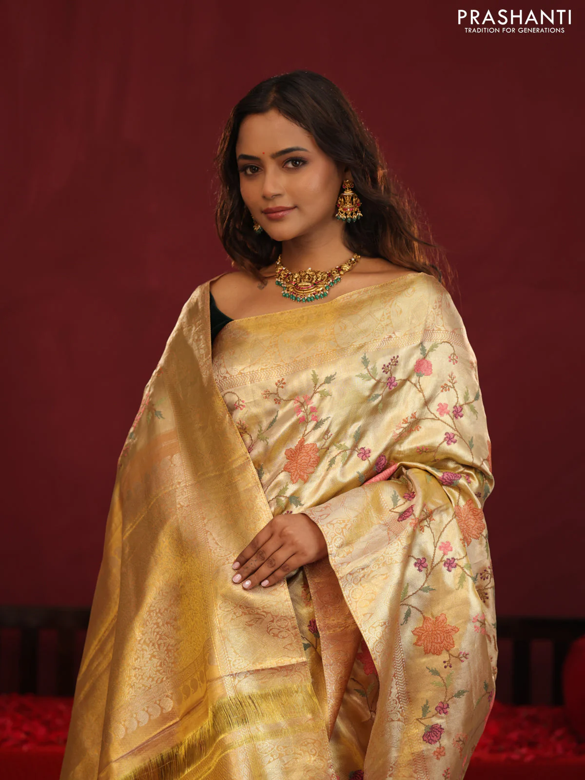 Golden Tissue Kanchipuram Silk Saree with allover embroidery - Image 5
