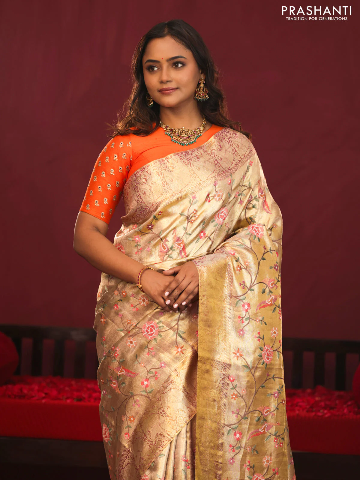 Golden Tissue Kanchipuram Silk Saree with allover embroidery - Image 2