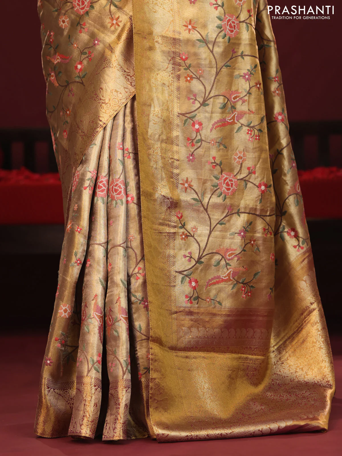 Golden Tissue Kanchipuram Silk Saree with allover embroidery - Image 3