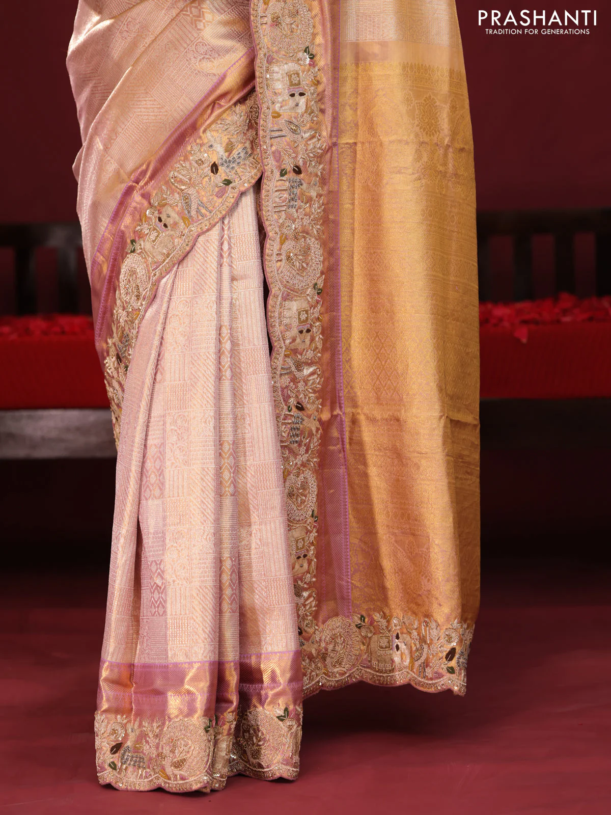 Golden tissue kanchipuram silk saree with allover zari weaves & border embroidery - Image 3