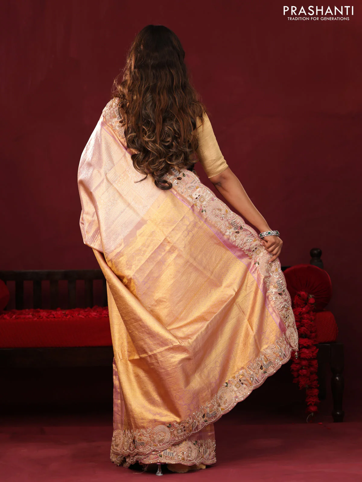 Golden tissue kanchipuram silk saree with allover zari weaves & border embroidery - Image 4