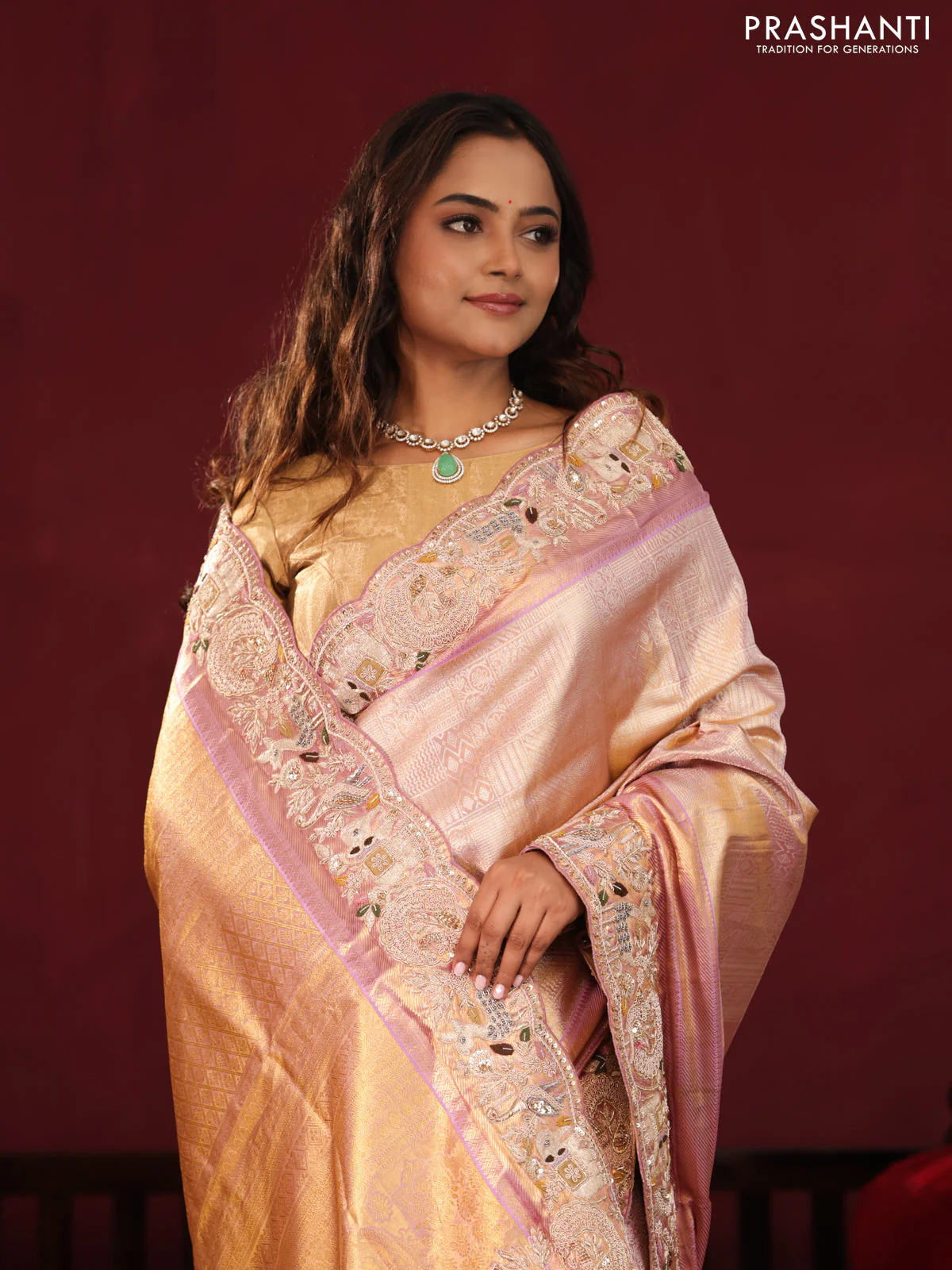 Golden tissue kanchipuram silk saree with allover zari weaves & border embroidery - Image 5