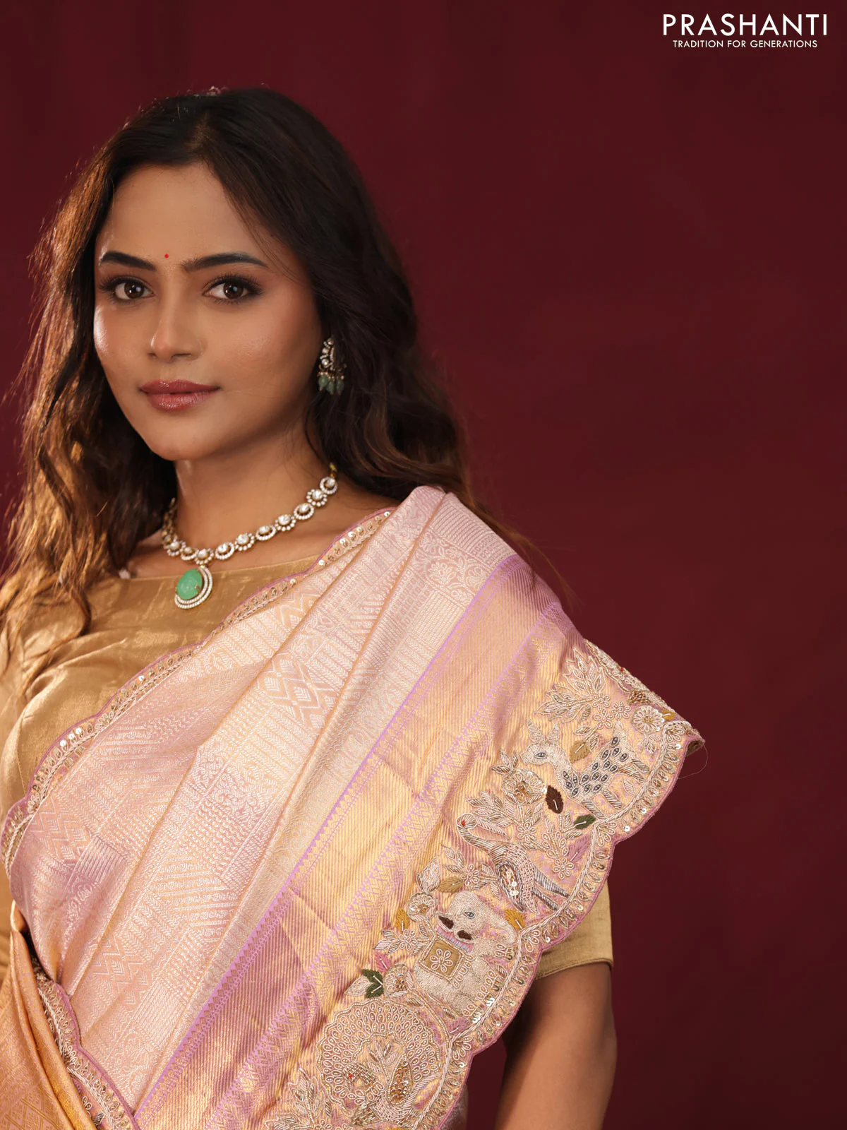 Golden tissue kanchipuram silk saree with allover zari weaves & border embroidery - Image 6