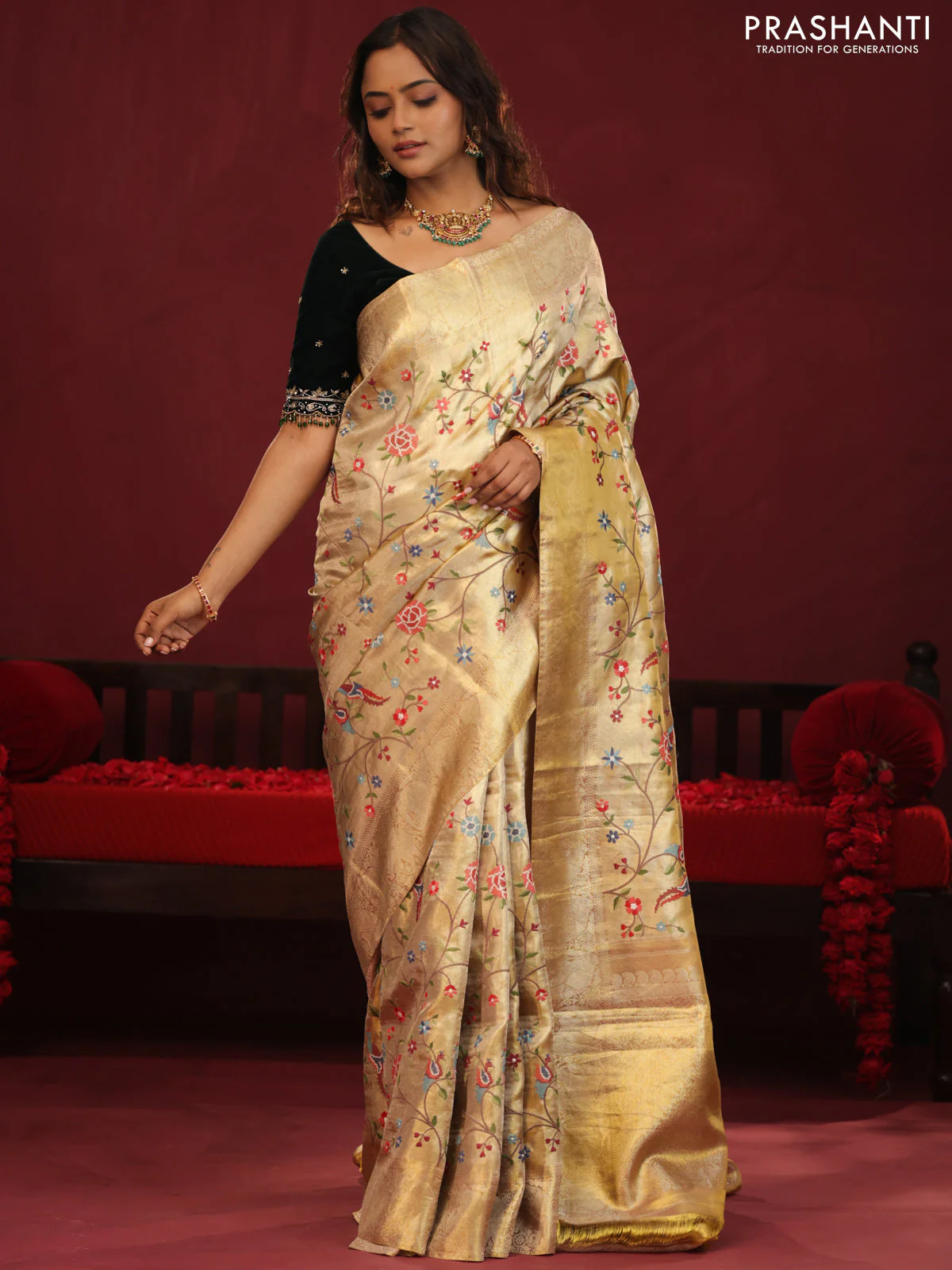 Golden tissue pure kanchipuram silk saree with allover embroidery - Image 2