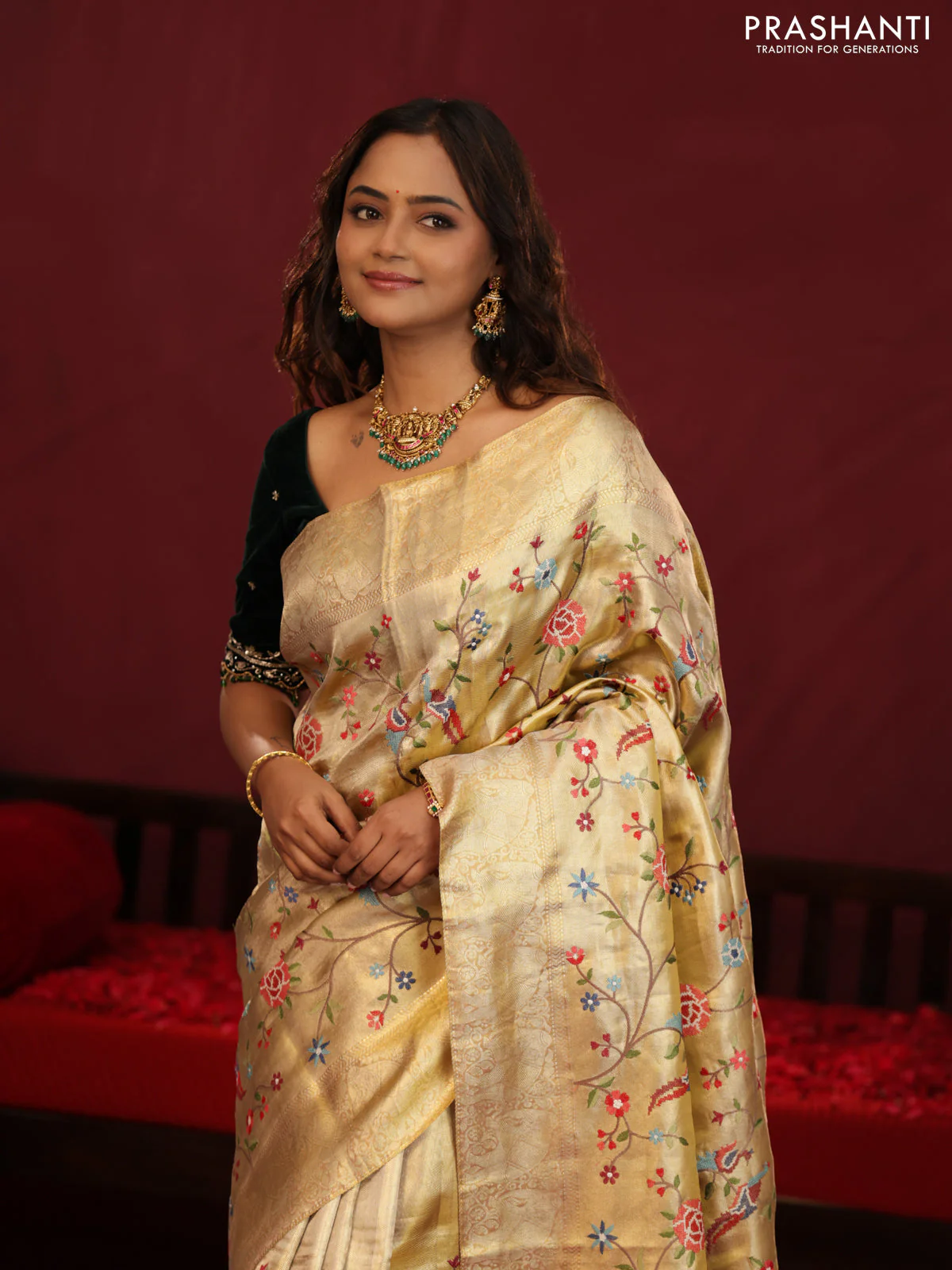 Golden tissue pure kanchipuram silk saree with allover embroidery - Image 3