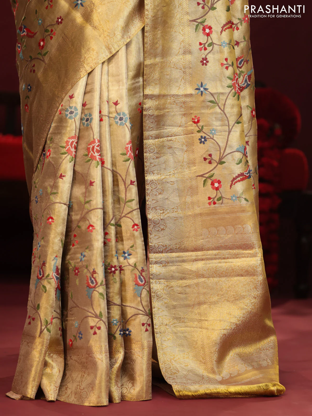Golden tissue pure kanchipuram silk saree with allover embroidery - Image 4
