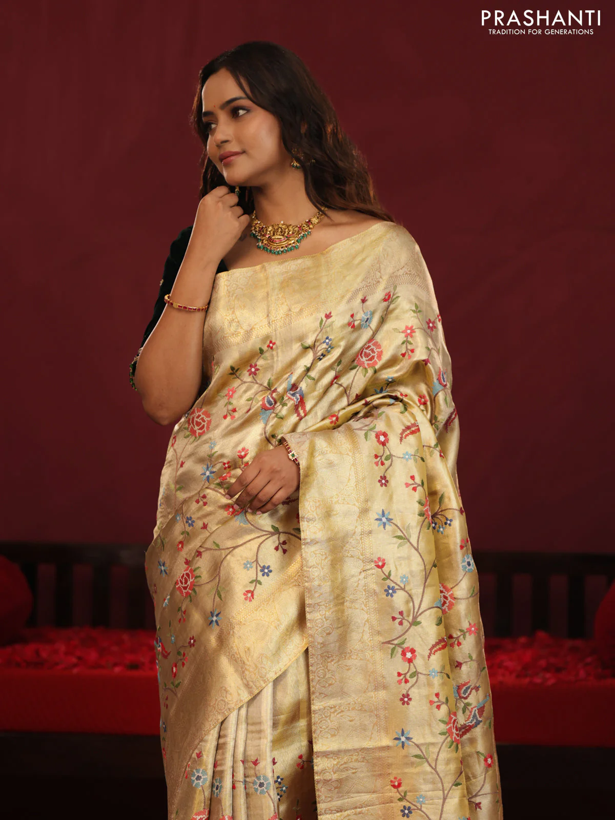 Golden tissue pure kanchipuram silk saree with allover embroidery - Image 5