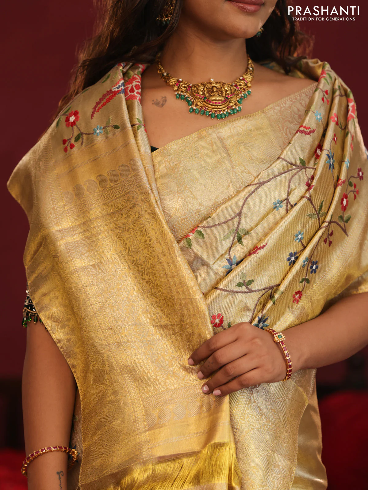 Golden tissue pure kanchipuram silk saree with allover embroidery - Image 6