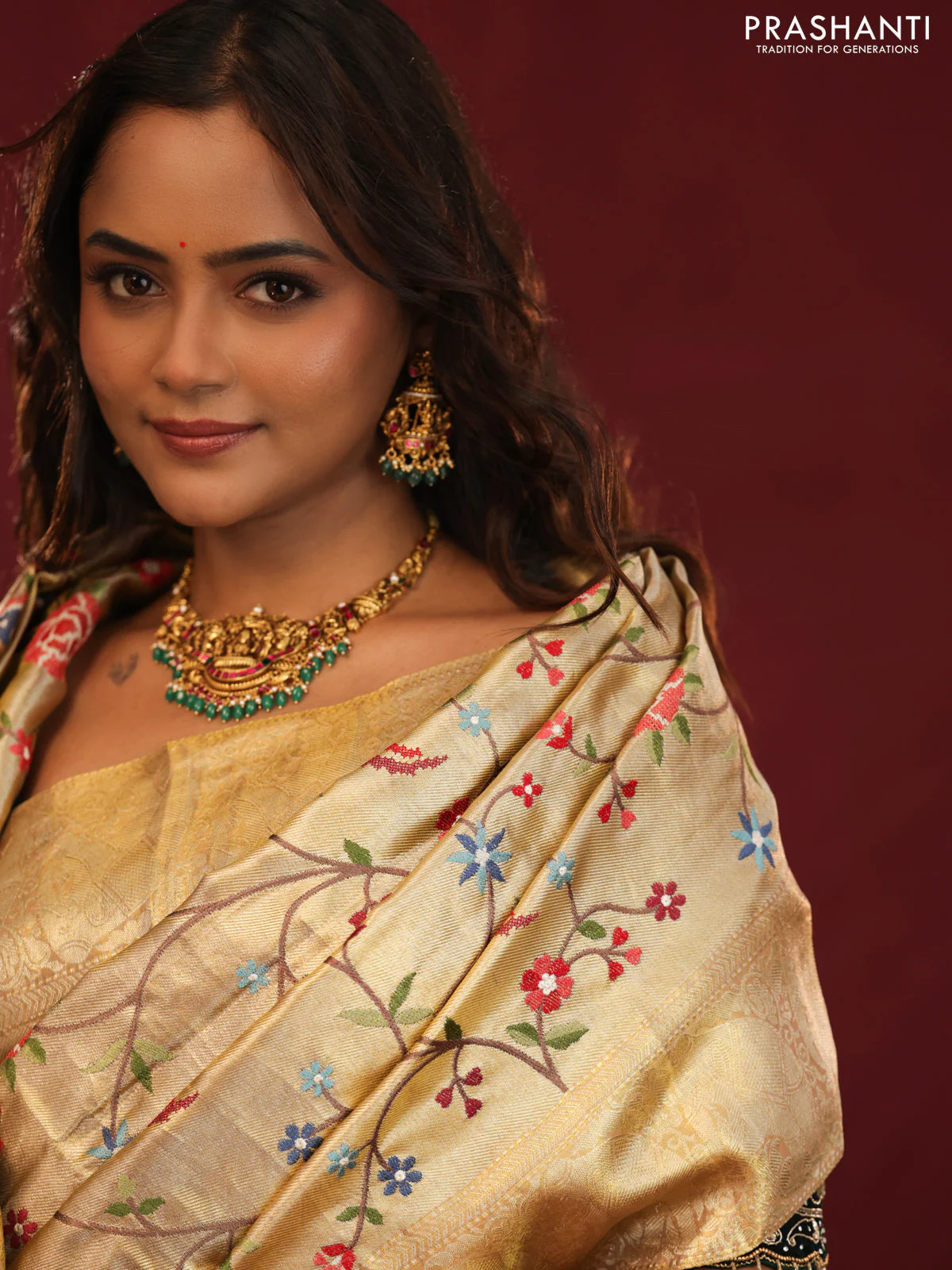 Golden tissue pure kanchipuram silk saree with allover embroidery - Image 7