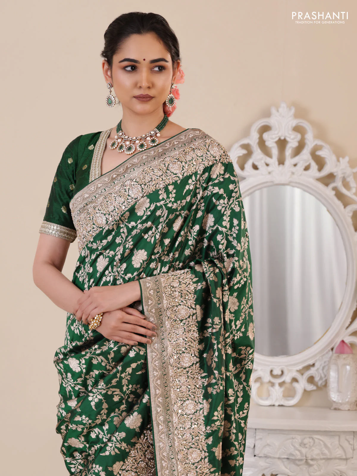 Green Banarasi Uppada silk saree with allover zari weaves & embroidery border - Image 2