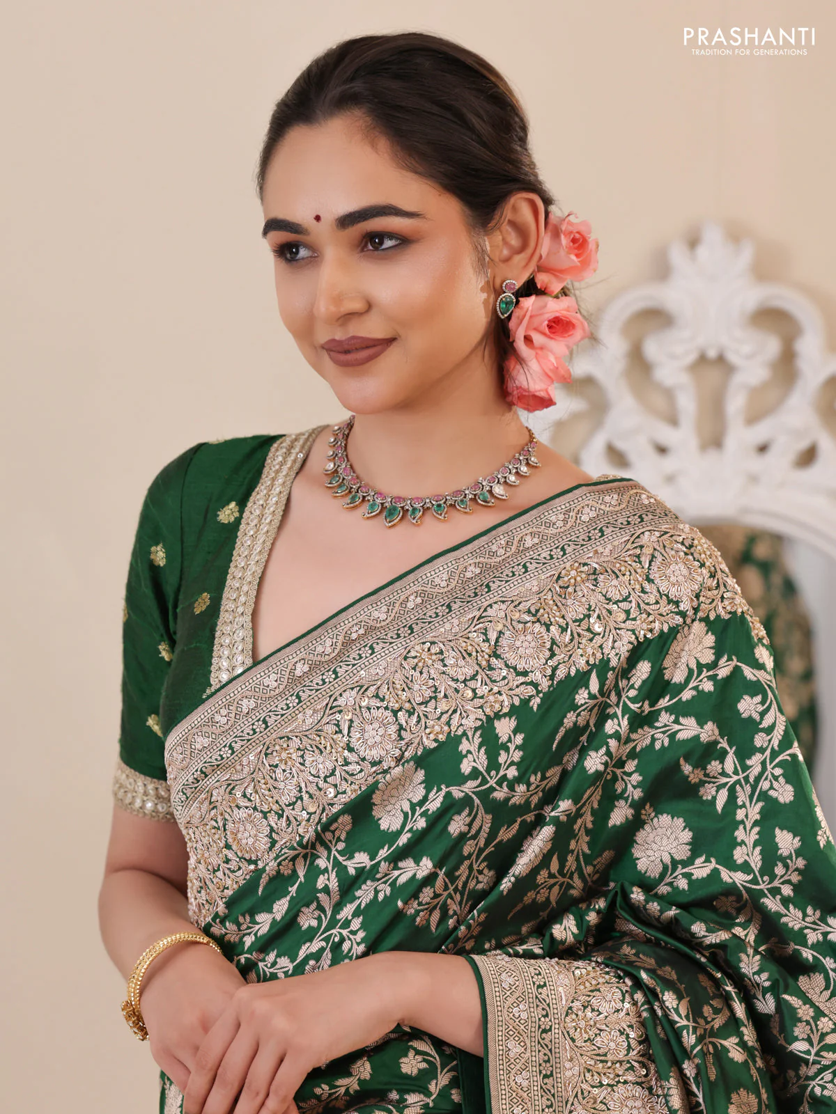 Green Banarasi Uppada silk saree with allover zari weaves & embroidery border - Image 3