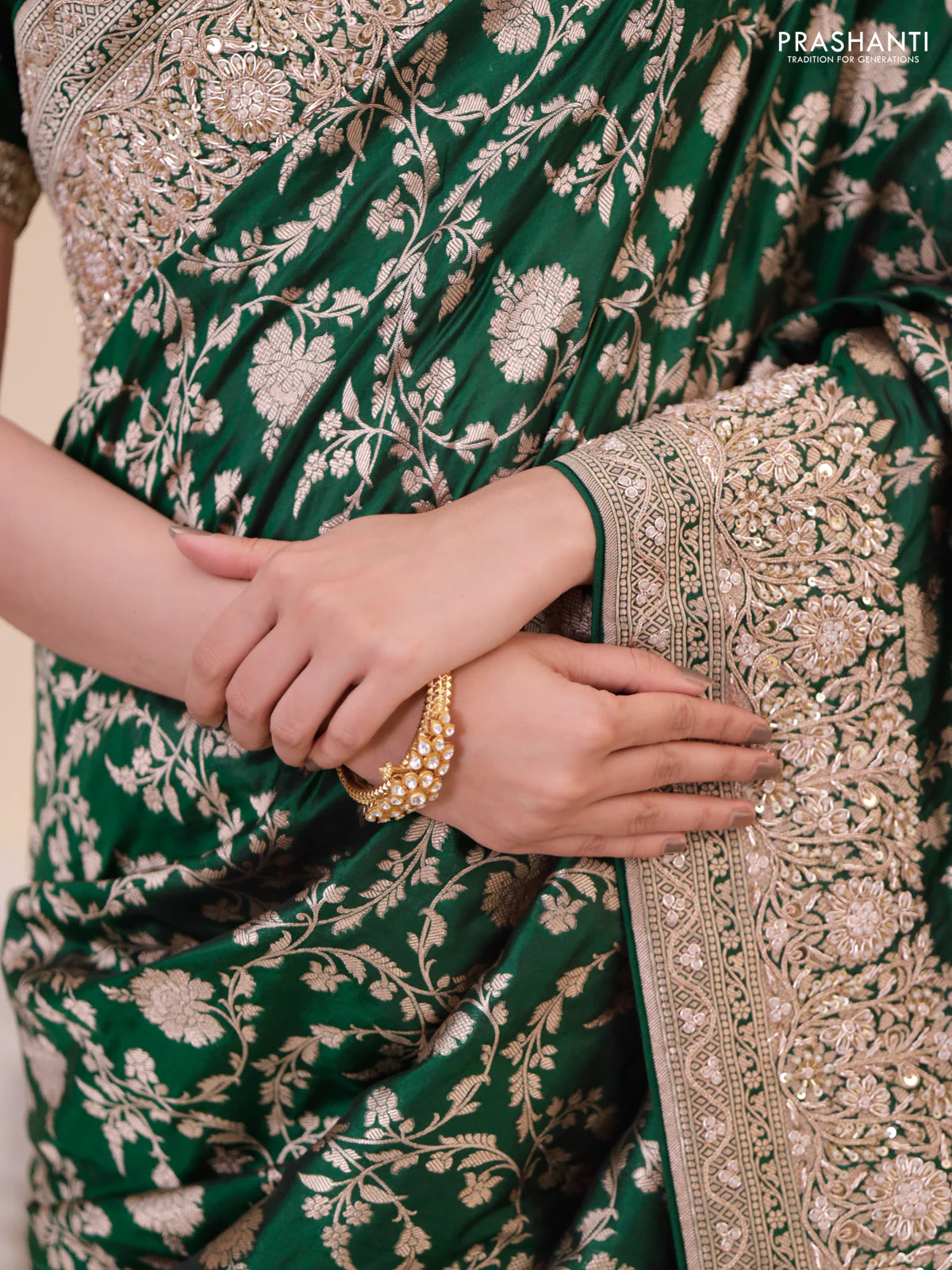 Green Banarasi Uppada silk saree with allover zari weaves & embroidery border - Image 4