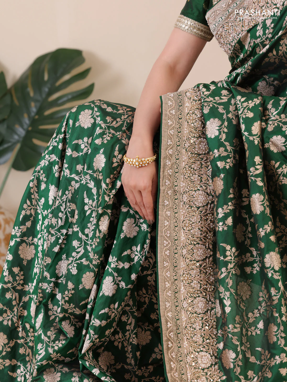 Green Banarasi Uppada silk saree with allover zari weaves & embroidery border - Image 5