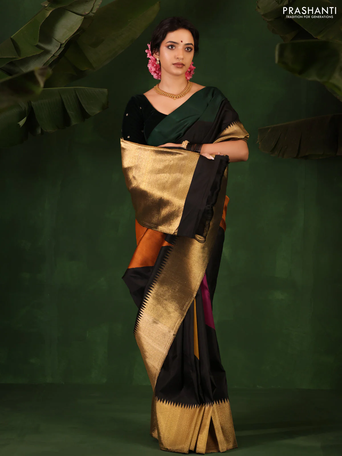 Green-Black Pure Kanchipuram Silk Saree With zari woven Temple Border