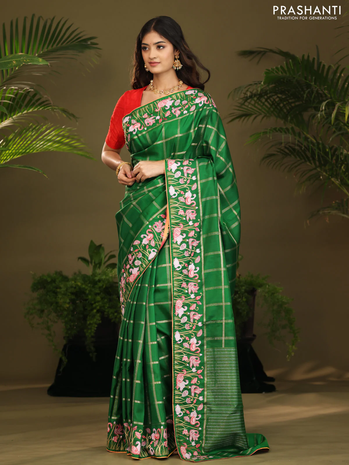 Green kanchipuram silk saree with allover zari checks & border embroidery - Image 3