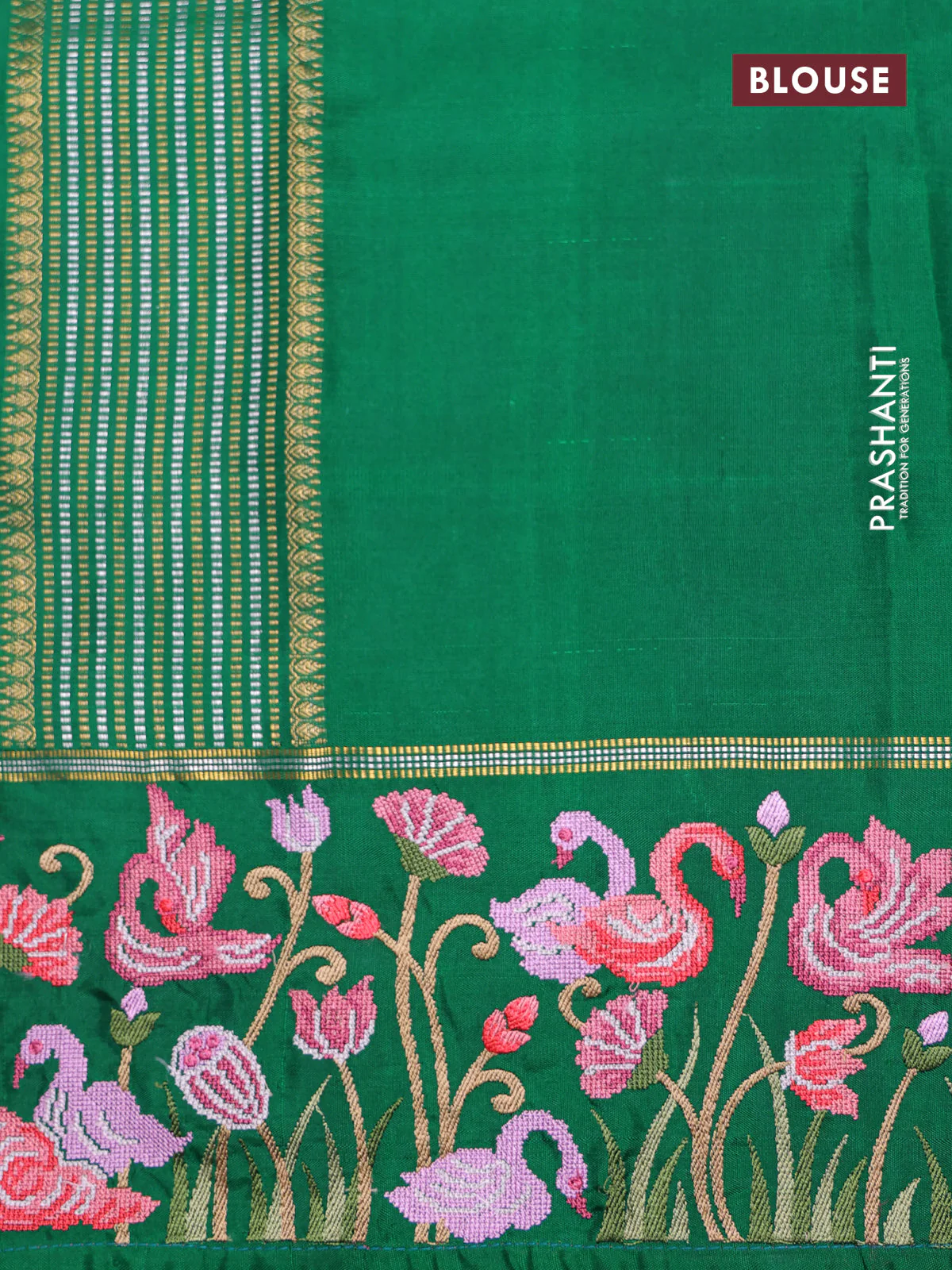 Green kanchipuram silk saree with allover zari checks & border embroidery - Image 7