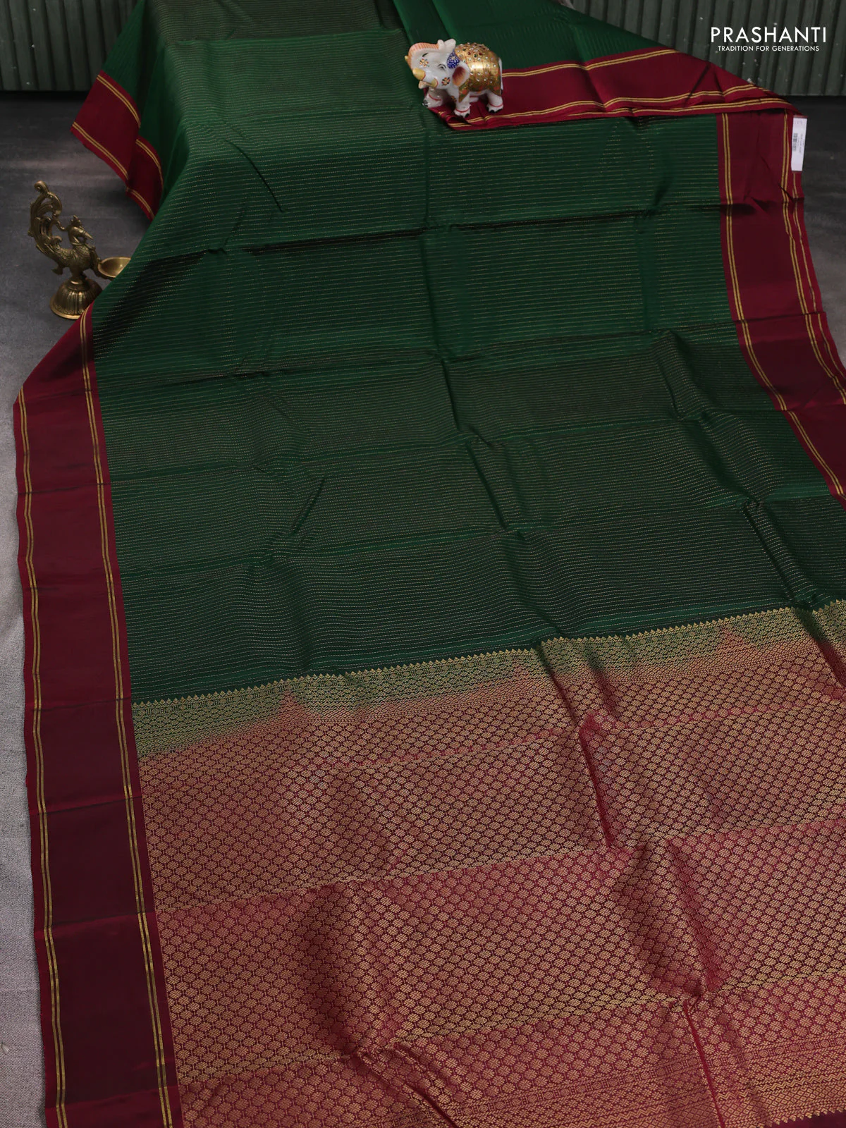 Green-Maroon kanchipuram silk saree with matching antique necklace - Image 2
