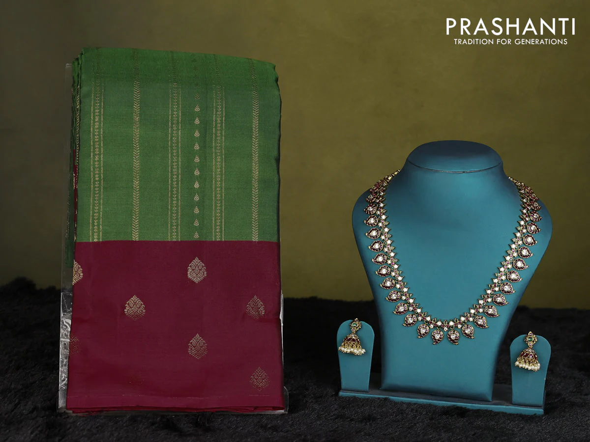 Green-Maroon Kanchipuram silk saree with matching Neck piece