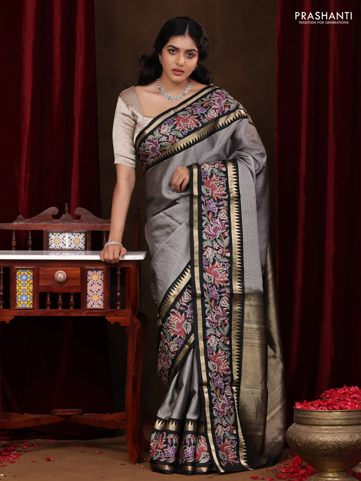 Grey-Black Pure Kanchipuram Silk Saree With Zari Weaves & Border Embroidery