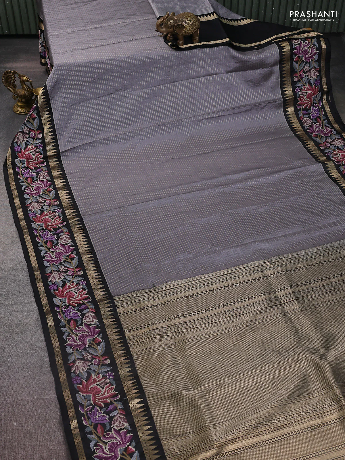 Grey-Black Pure Kanchipuram Silk Saree With Zari Weaves & Border Embroidery - Image 7