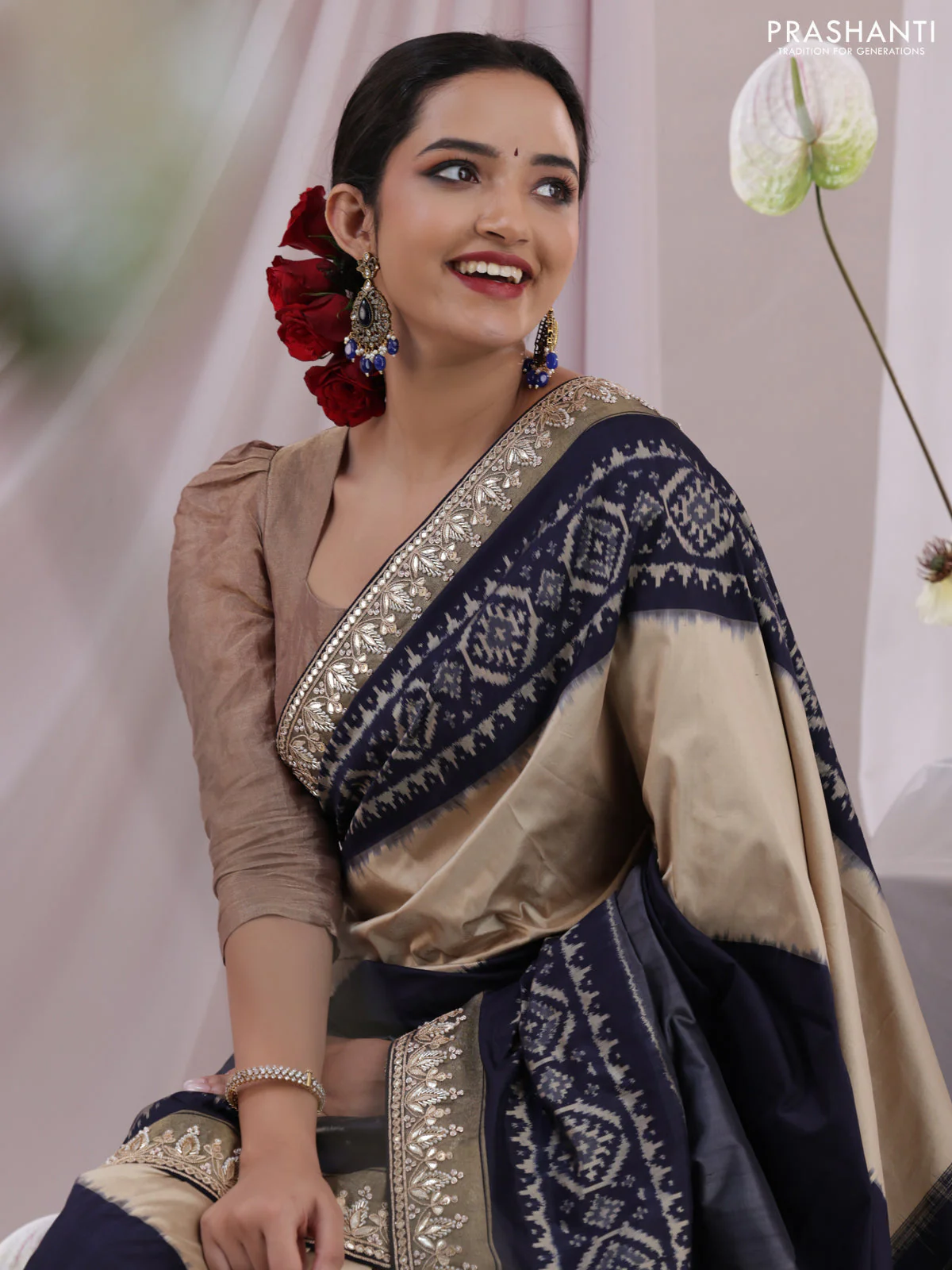 Grey-navy blue pochampally silk saree with allover ikat weaves and Embroidered border - Image 2