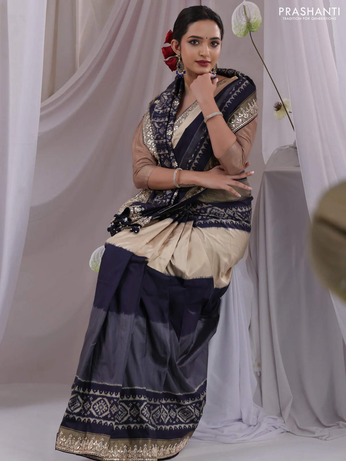 Grey-navy blue pochampally silk saree with allover ikat weaves and Embroidered border - Image 3