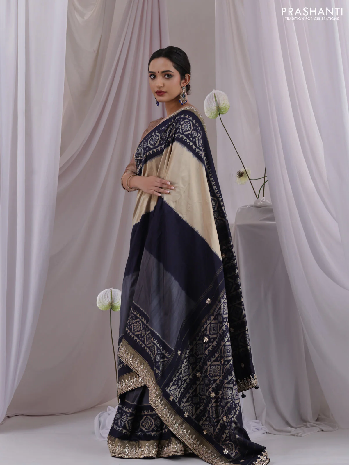 Grey-navy blue pochampally silk saree with allover ikat weaves and Embroidered border - Image 5