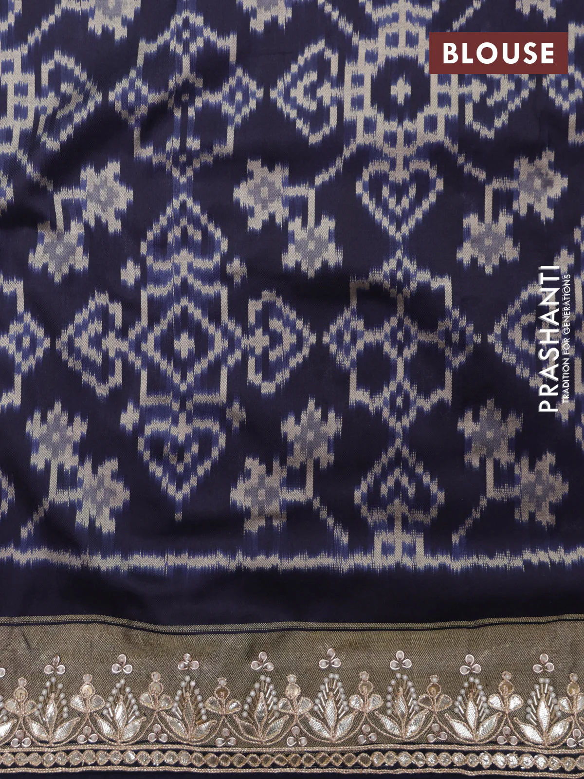 Grey-navy blue pochampally silk saree with allover ikat weaves and Embroidered border - Image 6