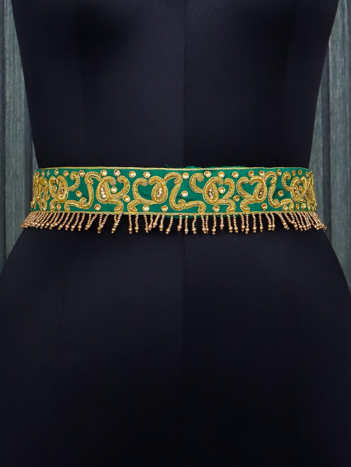 Hip belt green with zardosi work & beaded hanging - Image 2
