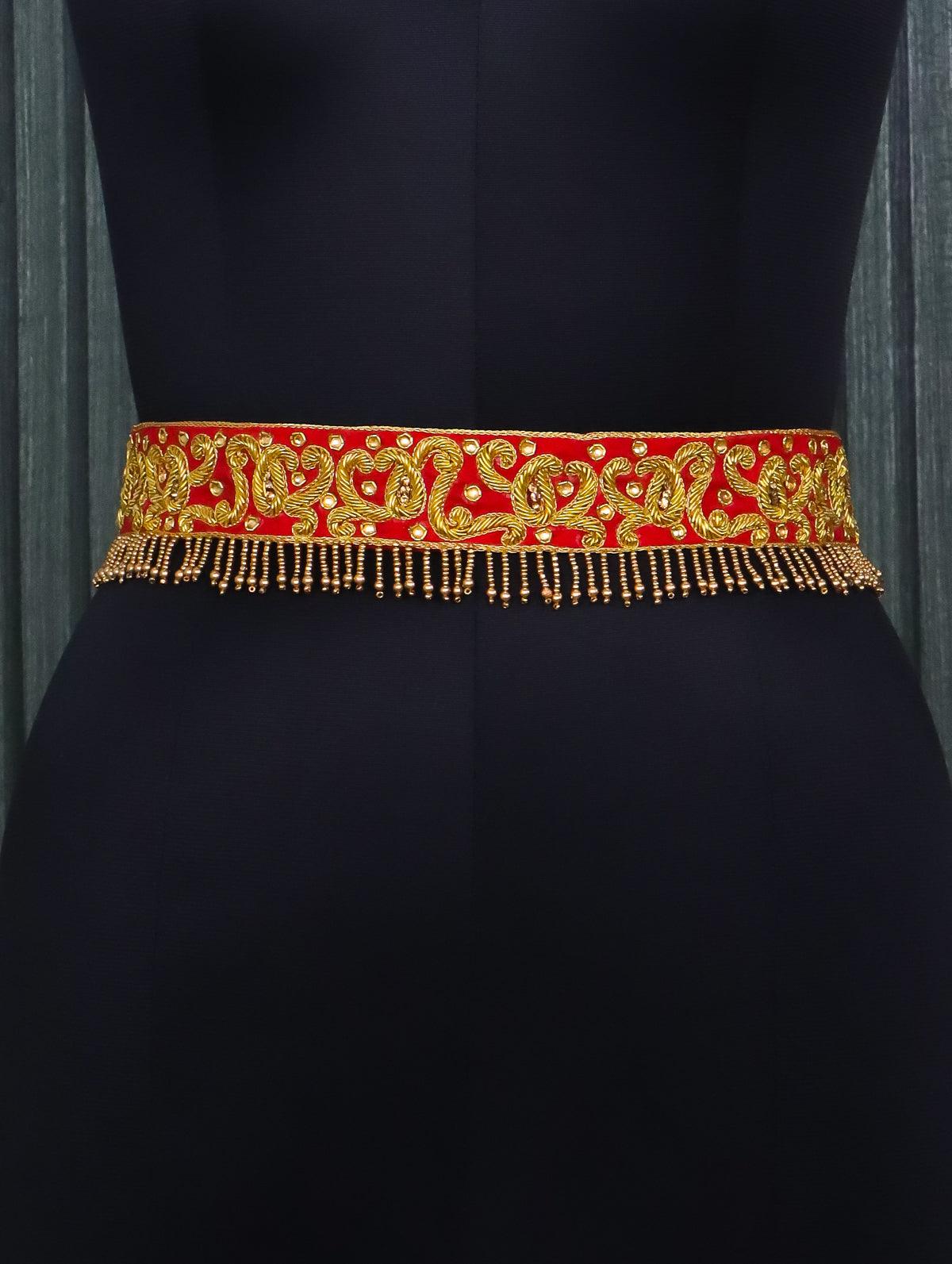Hip belt red with zardosi work & beaded hanging - Image 2