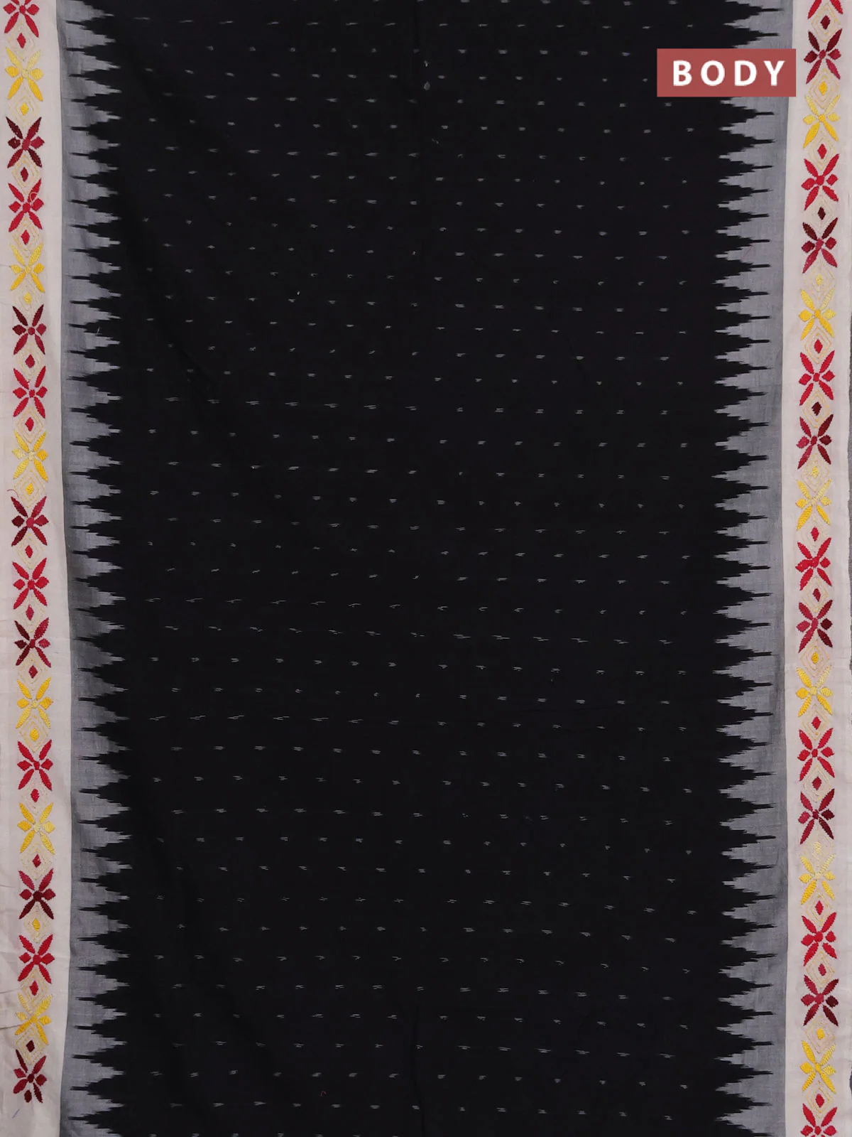 Ikat cotton saree black and cream with allover ikat woven buttas and kantha stitch work pallu - Image 2