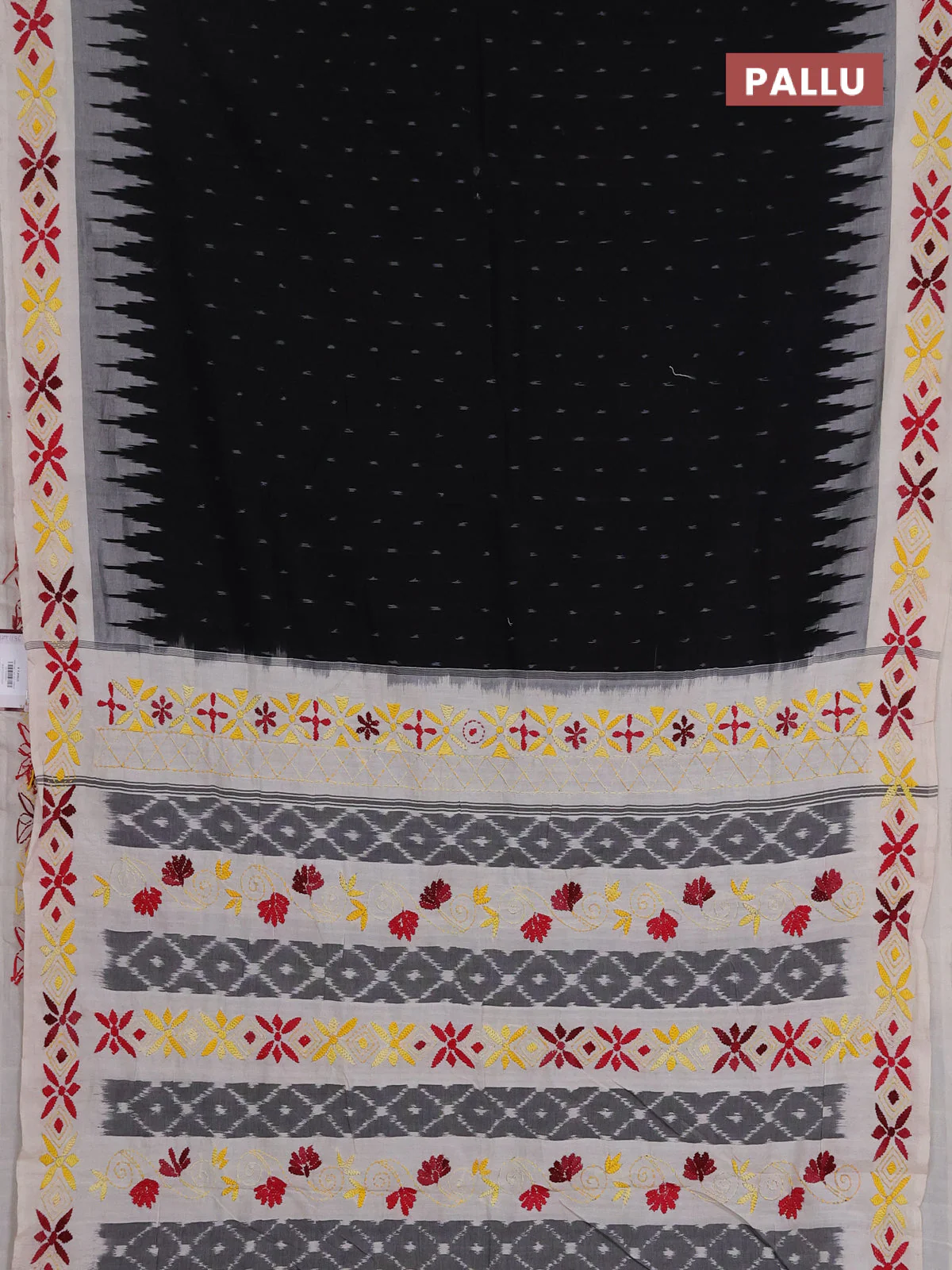 Ikat cotton saree black and cream with allover ikat woven buttas and kantha stitch work pallu - Image 3