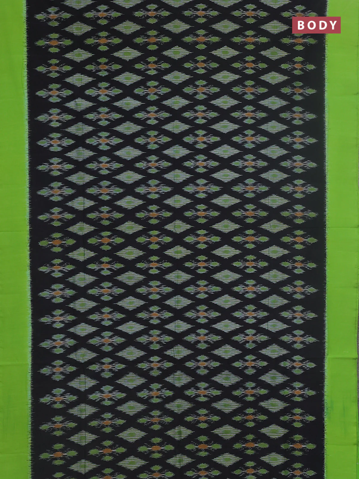 Ikat cotton saree black and green with allover ikat butta weaves and simple border - Image 2