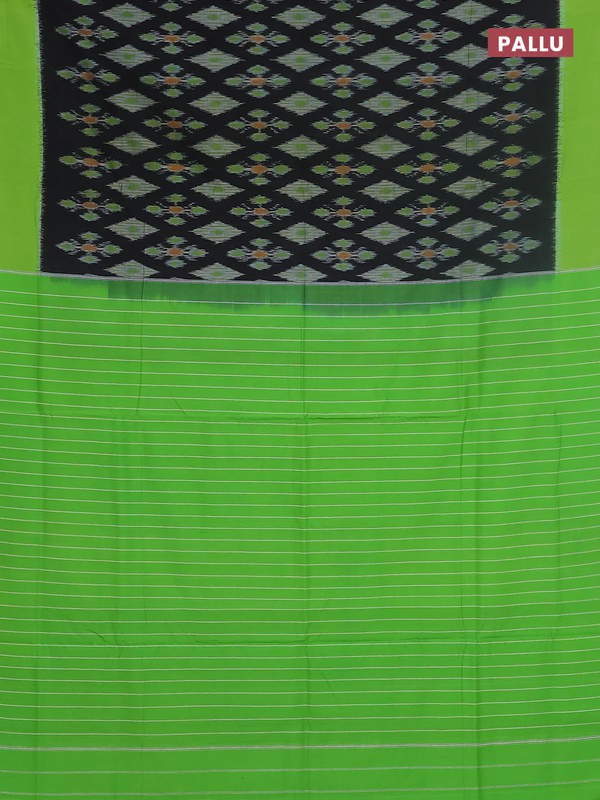Ikat cotton saree black and green with allover ikat butta weaves and simple border - Image 3