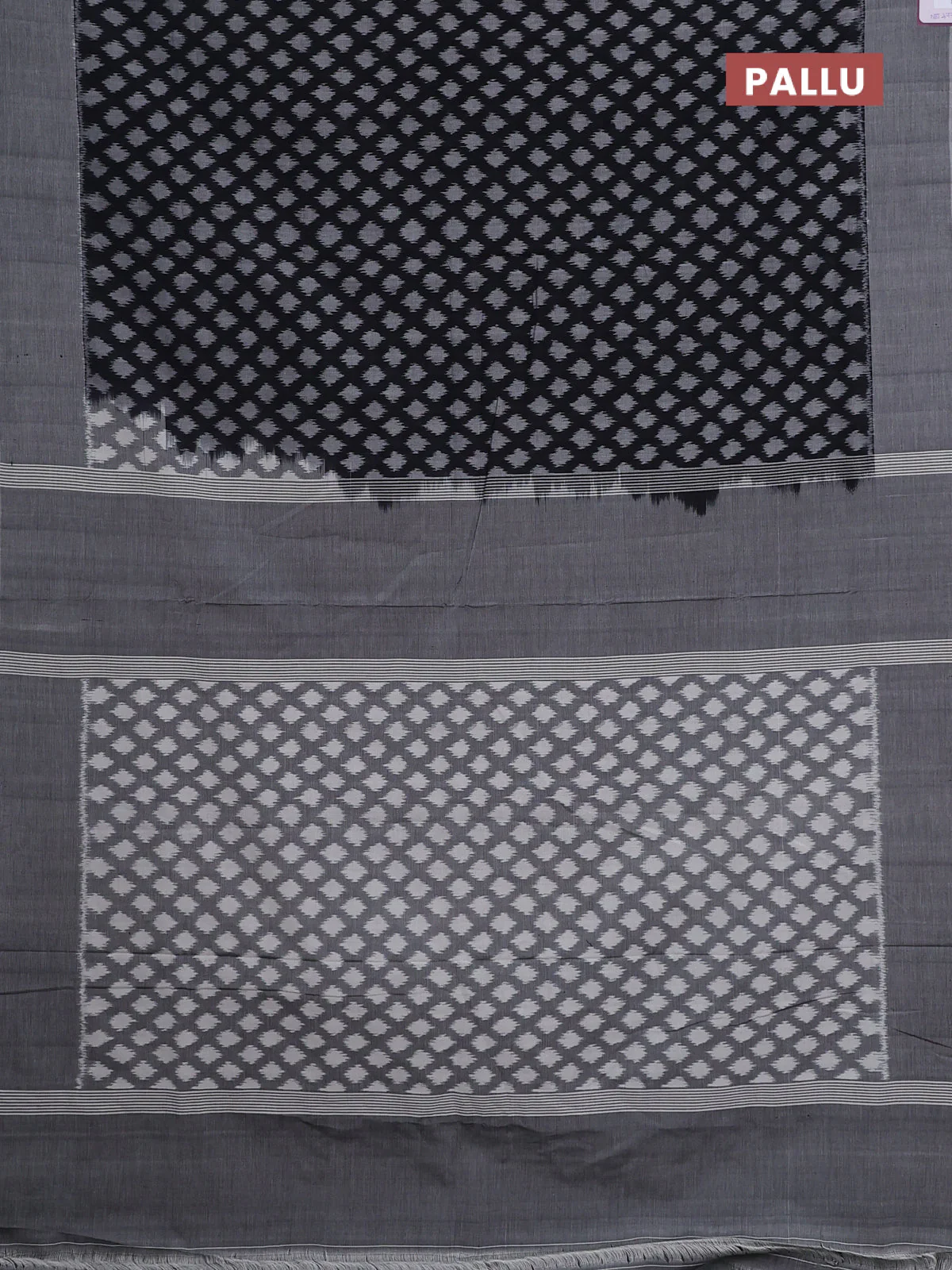 Ikat cotton saree black and grey with allover ikat weaves and simple border - Image 3