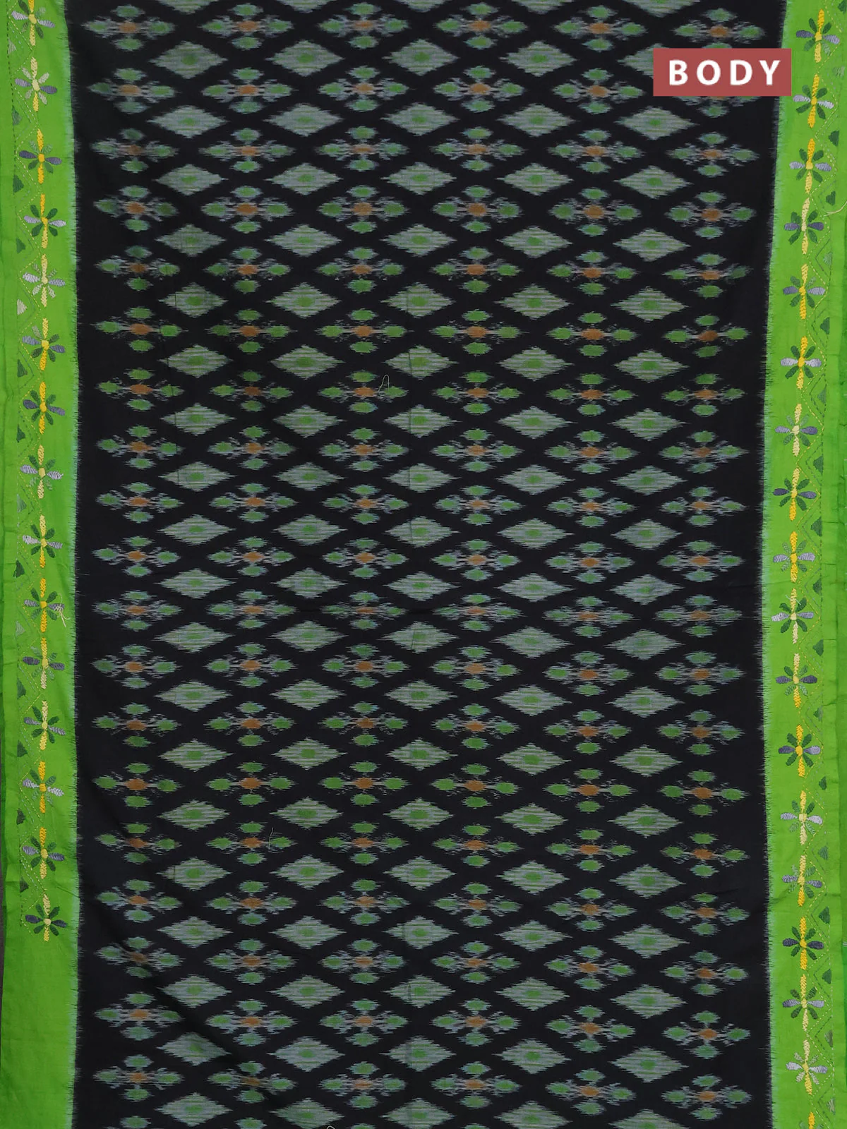 Ikat cotton saree black and light green with allover ikat weaves and kantha stitch work pallu - Image 2