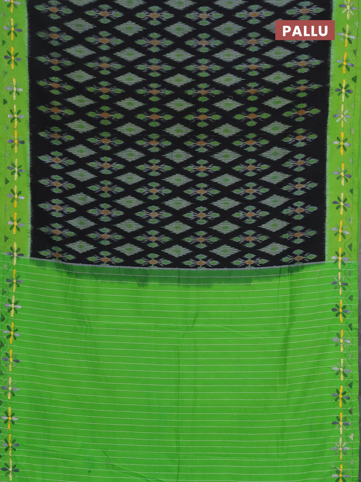 Ikat cotton saree black and light green with allover ikat weaves and kantha stitch work pallu - Image 3