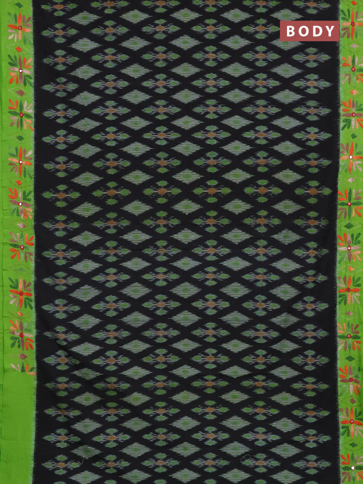 Ikat cotton saree black and light green with allover ikat weaves and kantha stitch work pallu - Image 2