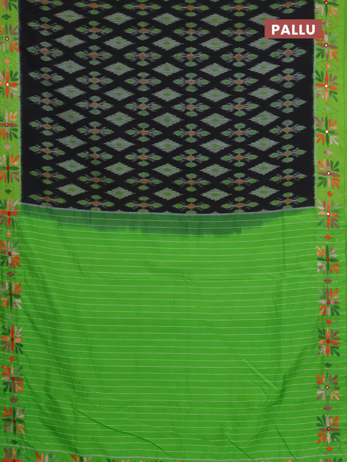Ikat cotton saree black and light green with allover ikat weaves and kantha stitch work pallu - Image 3