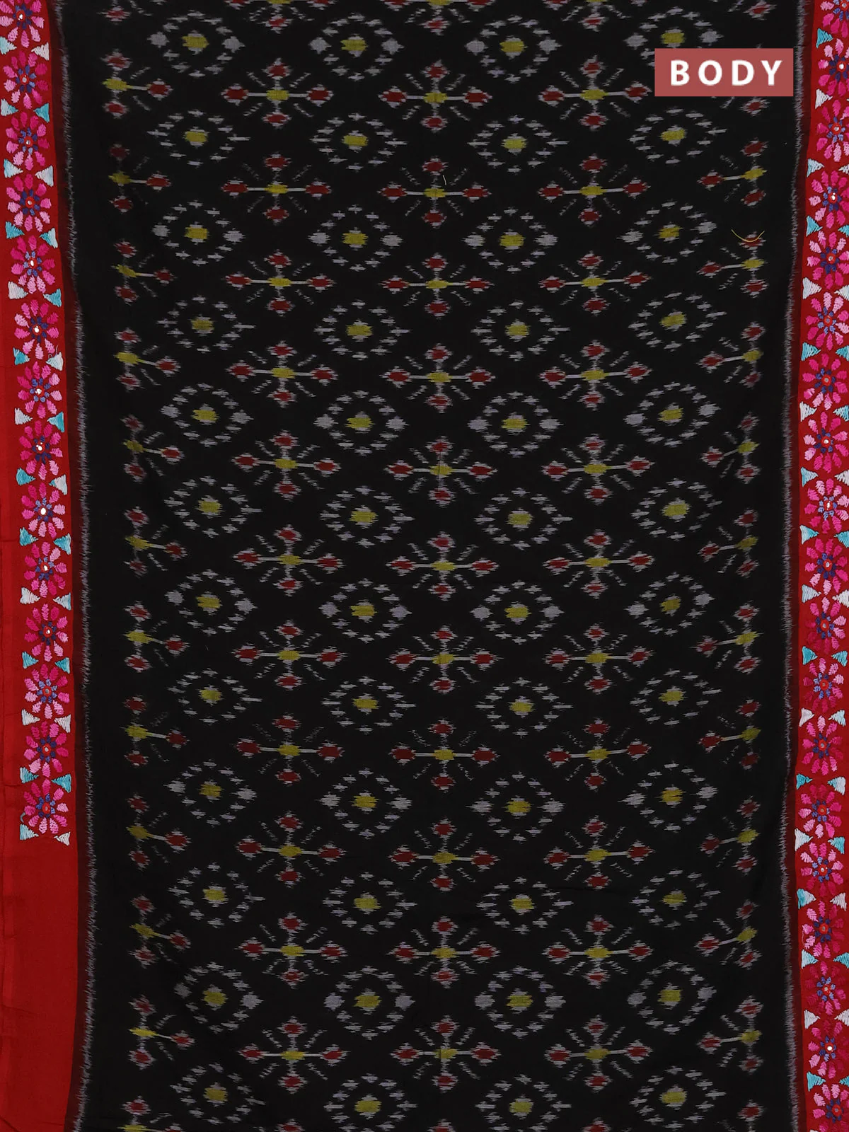 Ikat cotton saree black and maroon with allover ikat weaves and kantha stitch work pallu - Image 2