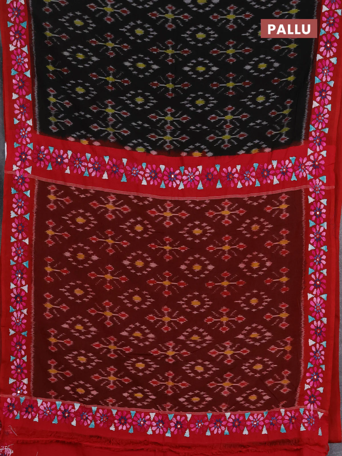 Ikat cotton saree black and maroon with allover ikat weaves and kantha stitch work pallu - Image 3