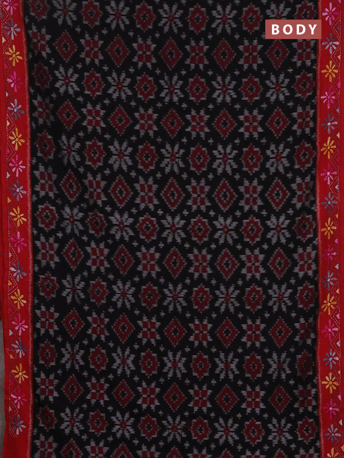 Ikat cotton saree black and maroon with allover ikat weaves and kantha stitch work pallu - Image 2